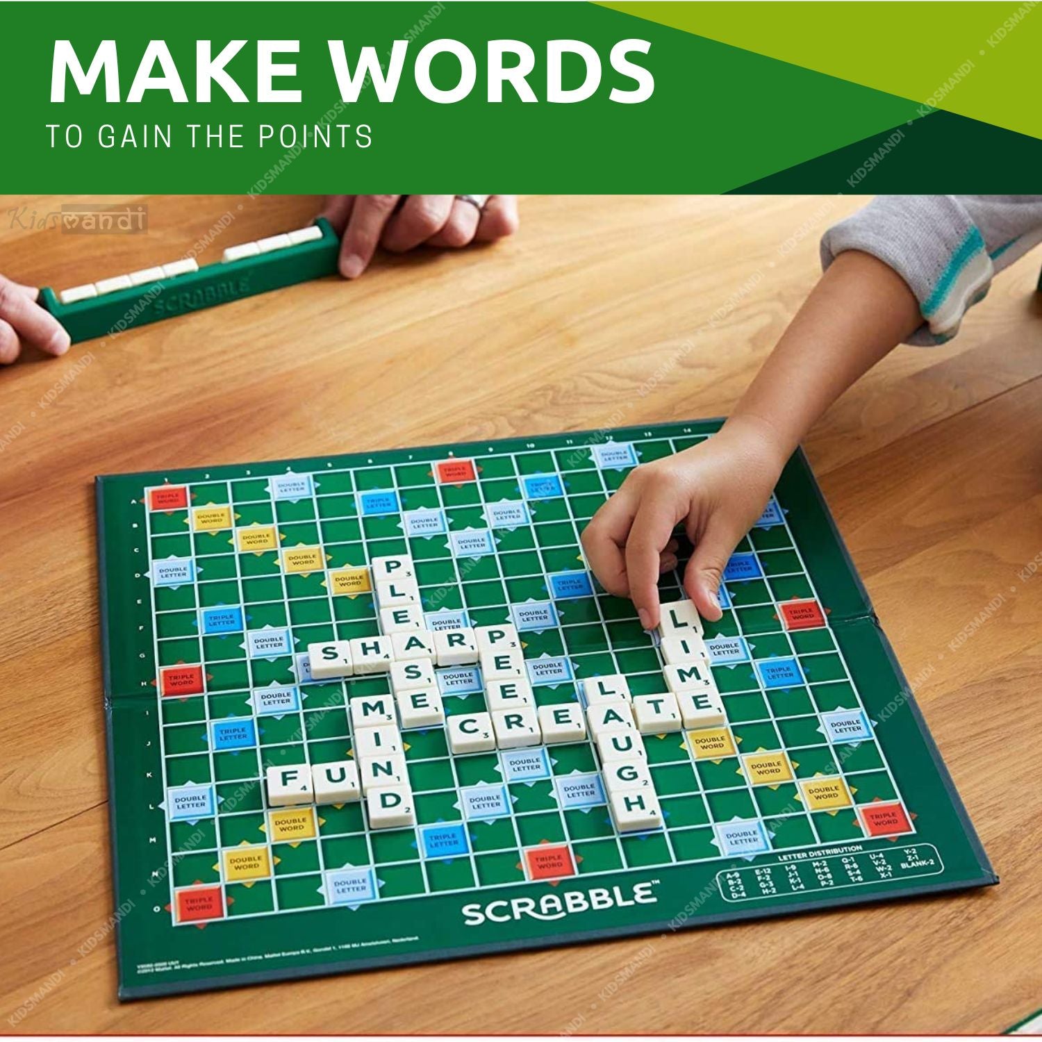 Kids Mandi - Scrabble board game with colorful letter tiles.