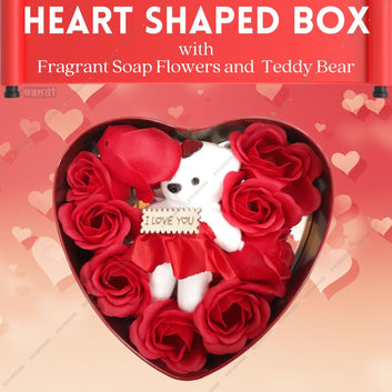 Kids Mandi Heart Shape Box with Fragrant Soap Flowers and a Cute Teddy Bear