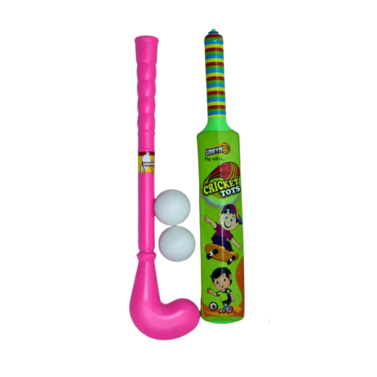 Kids Mandi lightweight bat, ball, and hockey combo. Ideal for indoor/outdoor play. Non-toxic, child-safe. Great gift for boys/girls. Color may vary.
