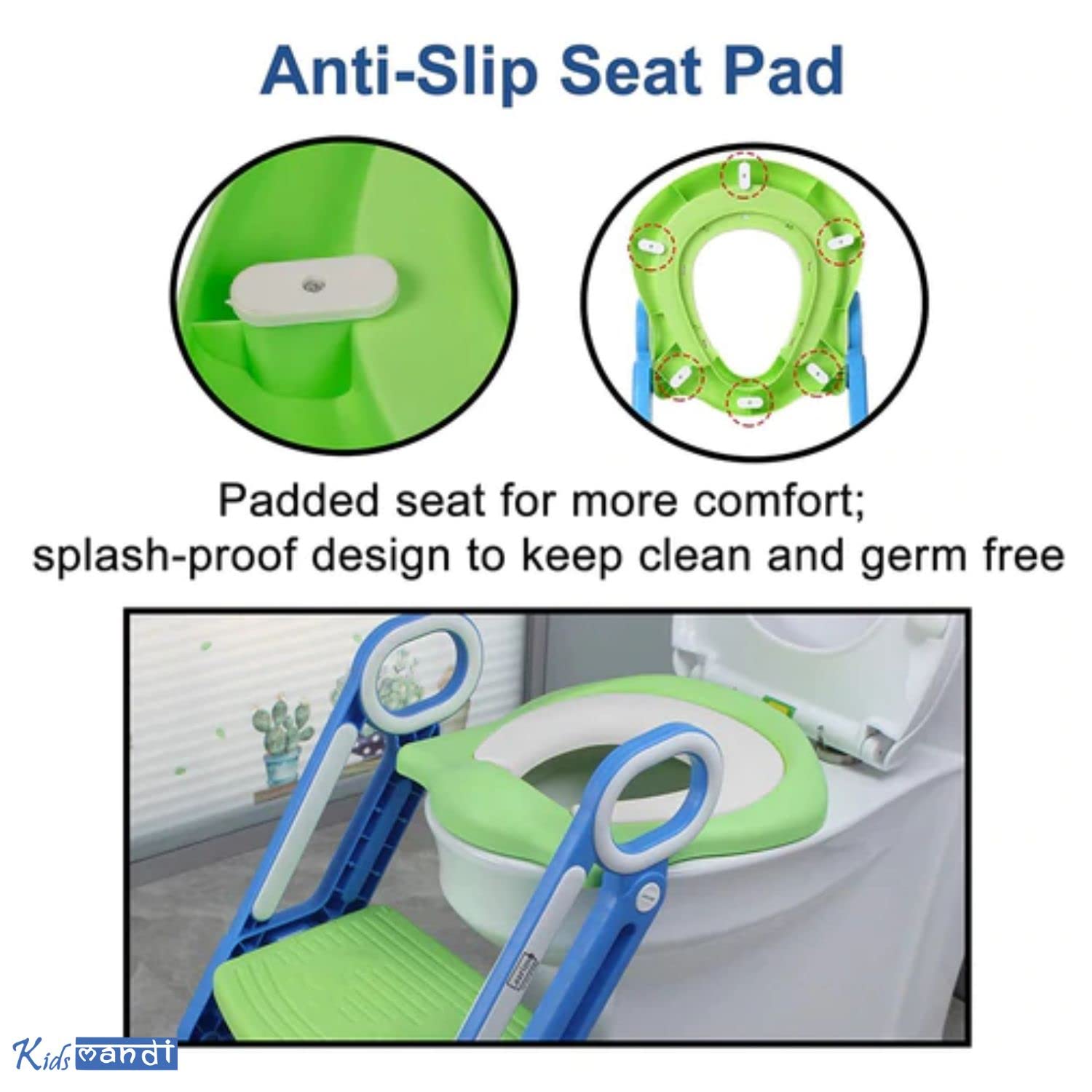 KIDS MANDI potty trainer with safe handrails for toddlers.