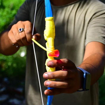 Kids Mandi plastic archery bow and arrow toy set with target board.