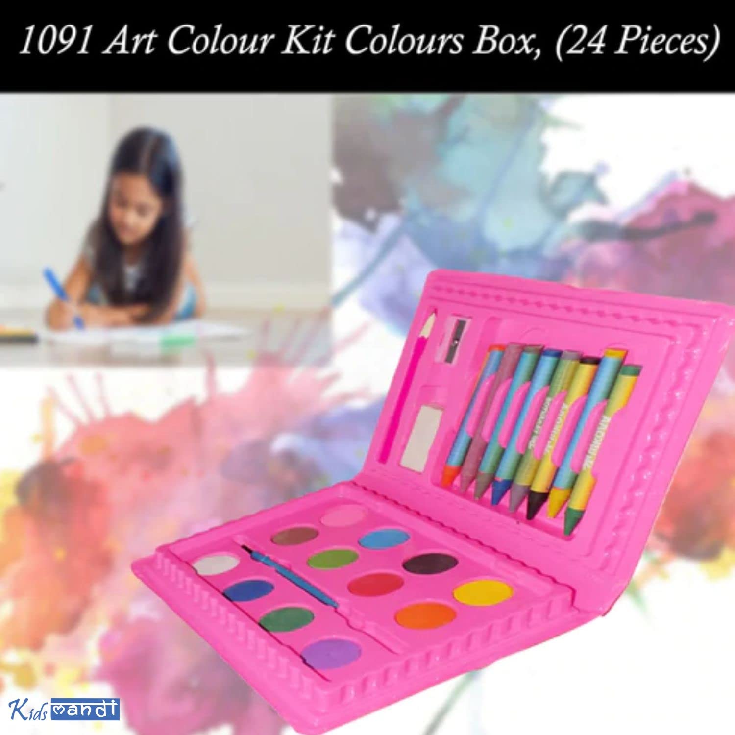 "Kids Mandi art supplies in portable box for drawing"