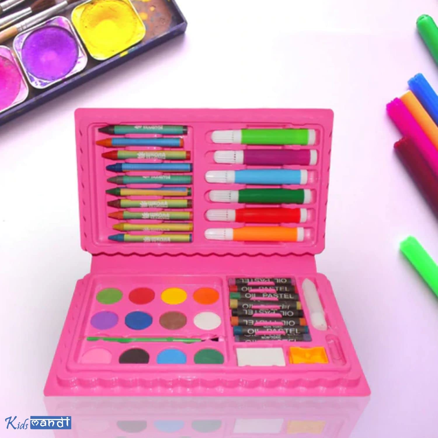 "Kids Mandi art supplies in portable box for drawing"