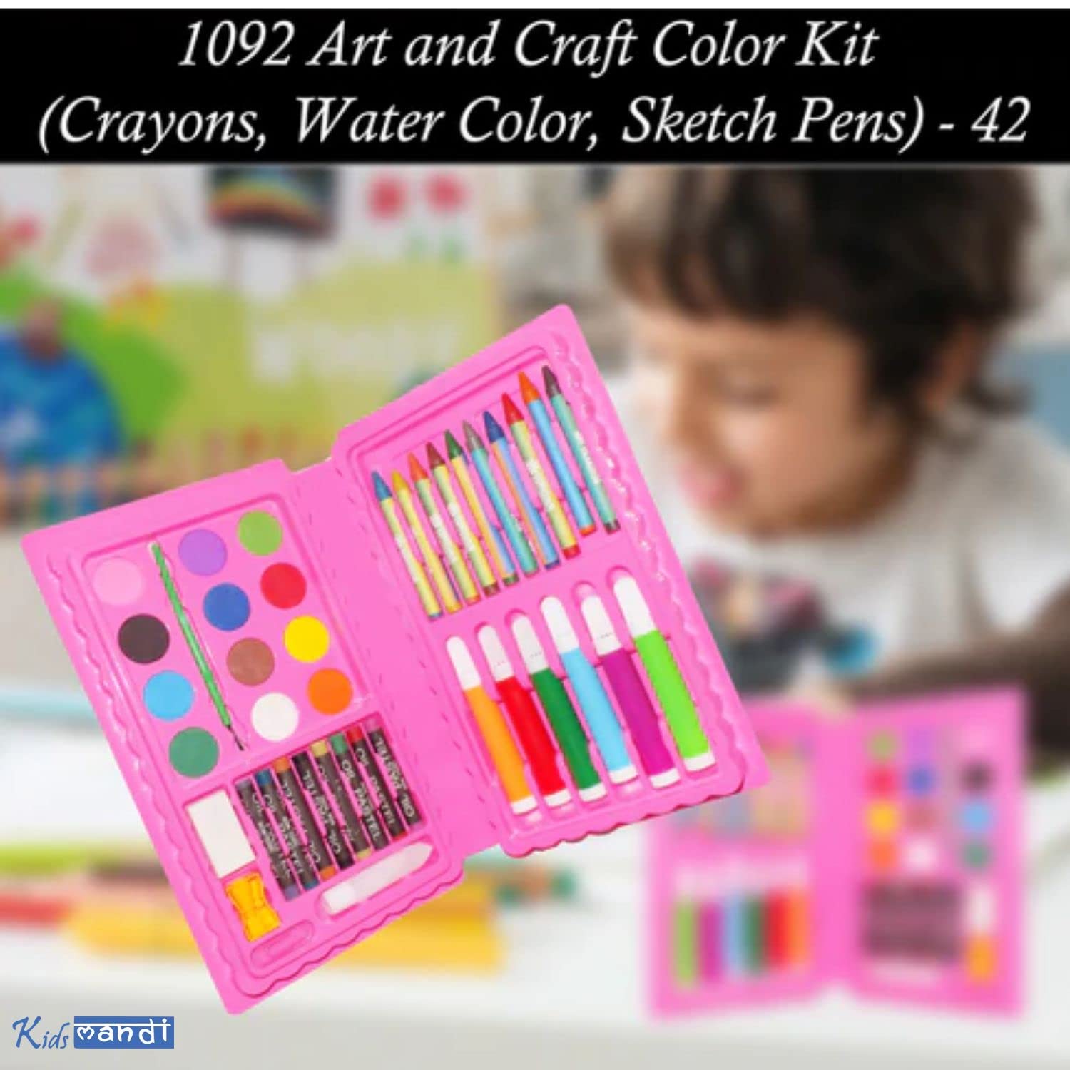 "Kids Mandi art supplies in portable box for drawing"