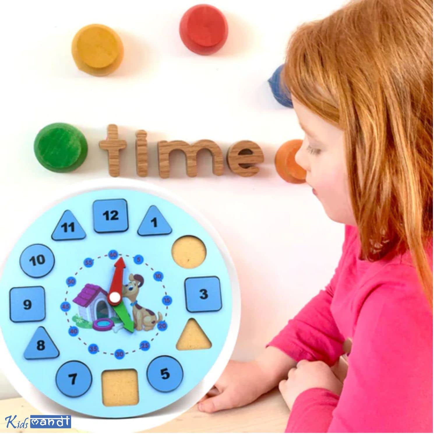Kids Mandi wooden shape color sorting clock educational toy.