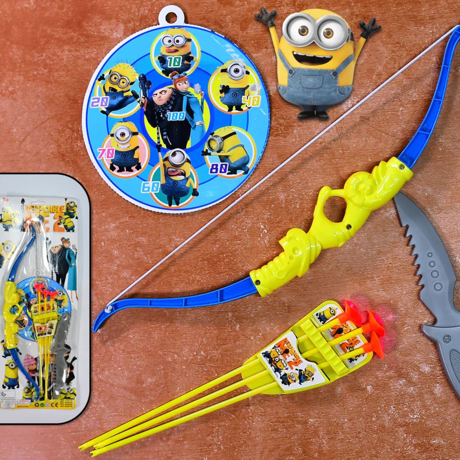 Kids Mandi plastic archery bow and arrow toy set with target board.