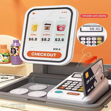 Kids Mandi Cash Register Playset for Kids | 48 PCS Supermarket Pretend Play Toy with Scanner, Grocery Game Food Set & Play Food | Educational Store Toy (Yellow)