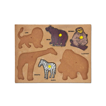 Kids Mandi Wooden Puzzle Learning Educational Board with Knobs for Above 3 Years, (6 Wild Animals) - Multicolor