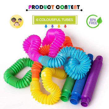 Kids Mandi Pop Tube Sensory Fidget Toy | Multi-Colour Stretchable Pipes | Bendable Finger Toy for Toddlers | Decompression Fun Toy (Pack of 6)