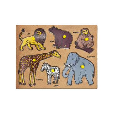 Kids Mandi Wooden Puzzle Learning Educational Board with Knobs for Above 3 Years, (6 Wild Animals) - Multicolor