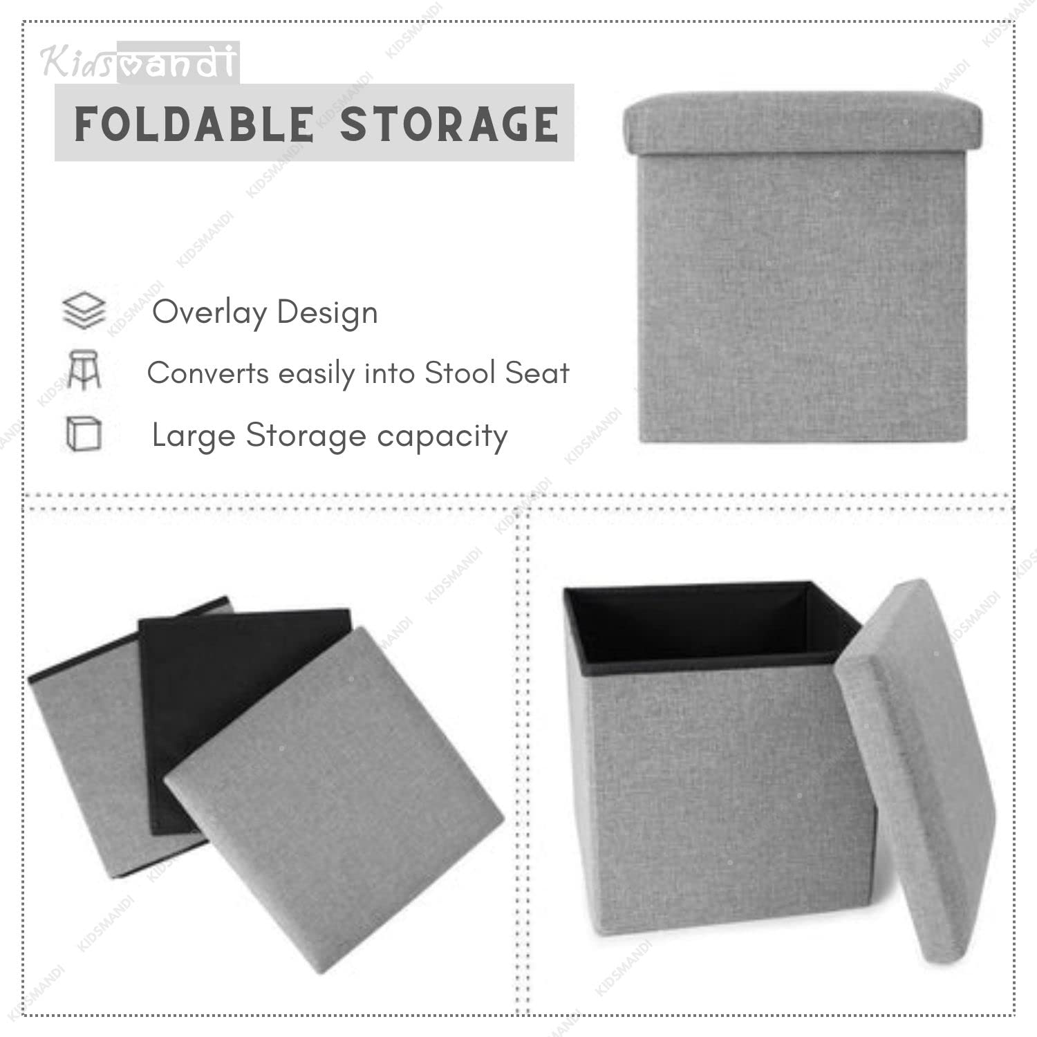 Kids Mandi cube shape stool with storage and cushion, versatile design.