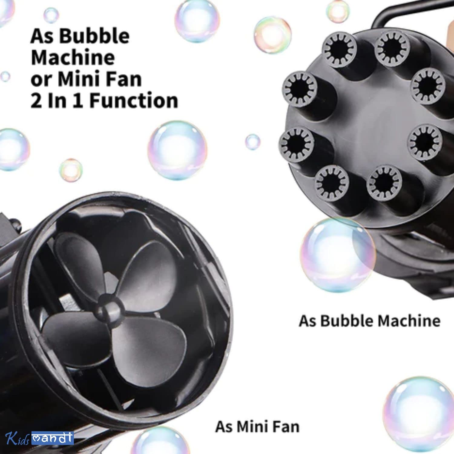 Kids Mandi 8-hole battery-operated bubbles gun floating in air bubbles.