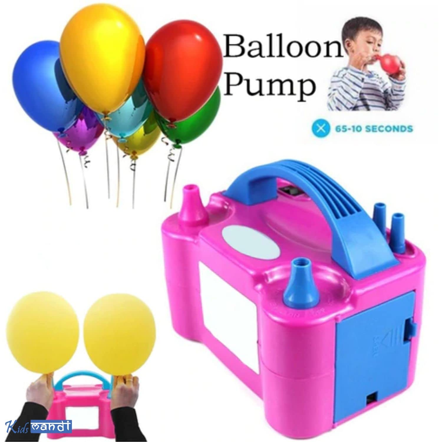 Kids Mandi portable electric air balloon pump with dual nozzle.