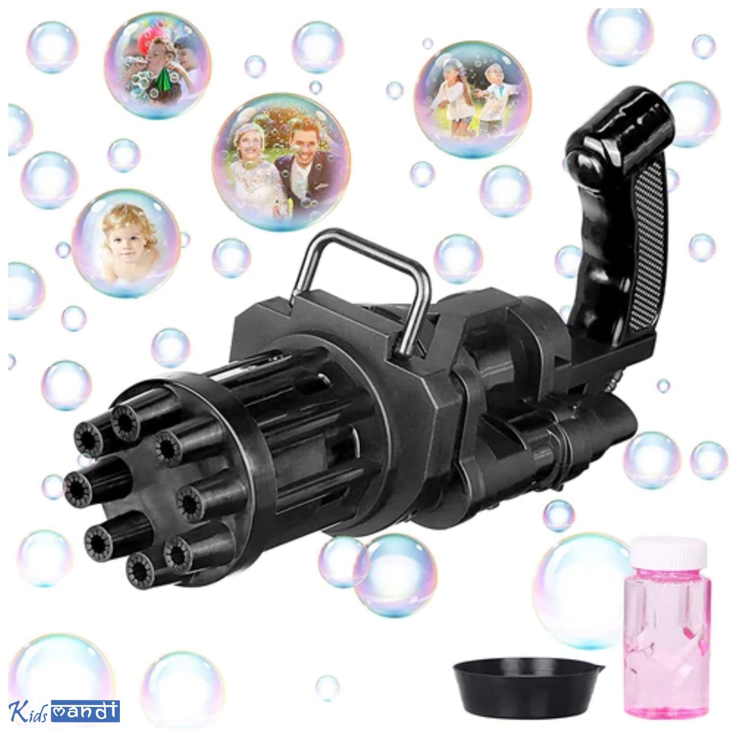 Kids Mandi 8-hole battery-operated bubbles gun floating in air bubbles.