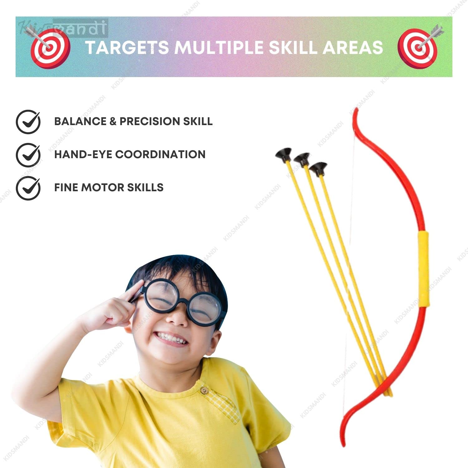 Kids Mandi plastic archery bow and arrow toy set with target board.