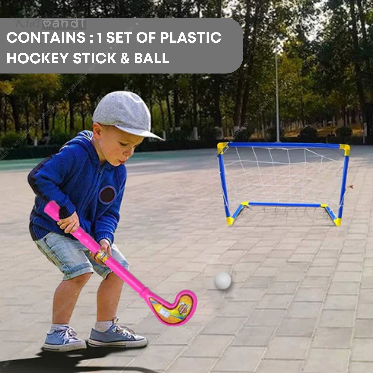 Kids Mandi lightweight bat, ball, and hockey combo. Ideal for indoor/outdoor play. Non-toxic, child-safe. Great gift for boys/girls. Color may vary.