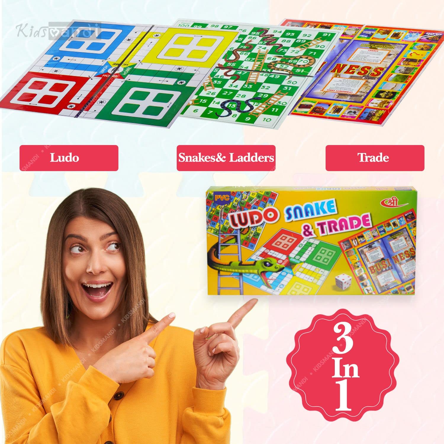 Kids Mandi 3-in-1 Family Board Game, Ludo, Snake and Ladder, Business Trade Games Set